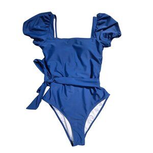 NWOT | Navy Blue | Puffed Sleeve High-Leg Belted One-Piece Swimsuit | Medium